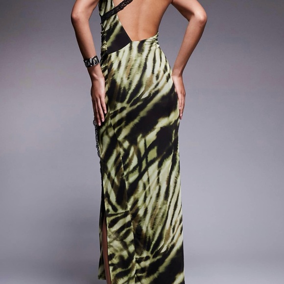 ASOS Zebra Scoop Neck Midi Dress with Asymmetric Lace Detailing and Side Slit - Picture 3 of 4